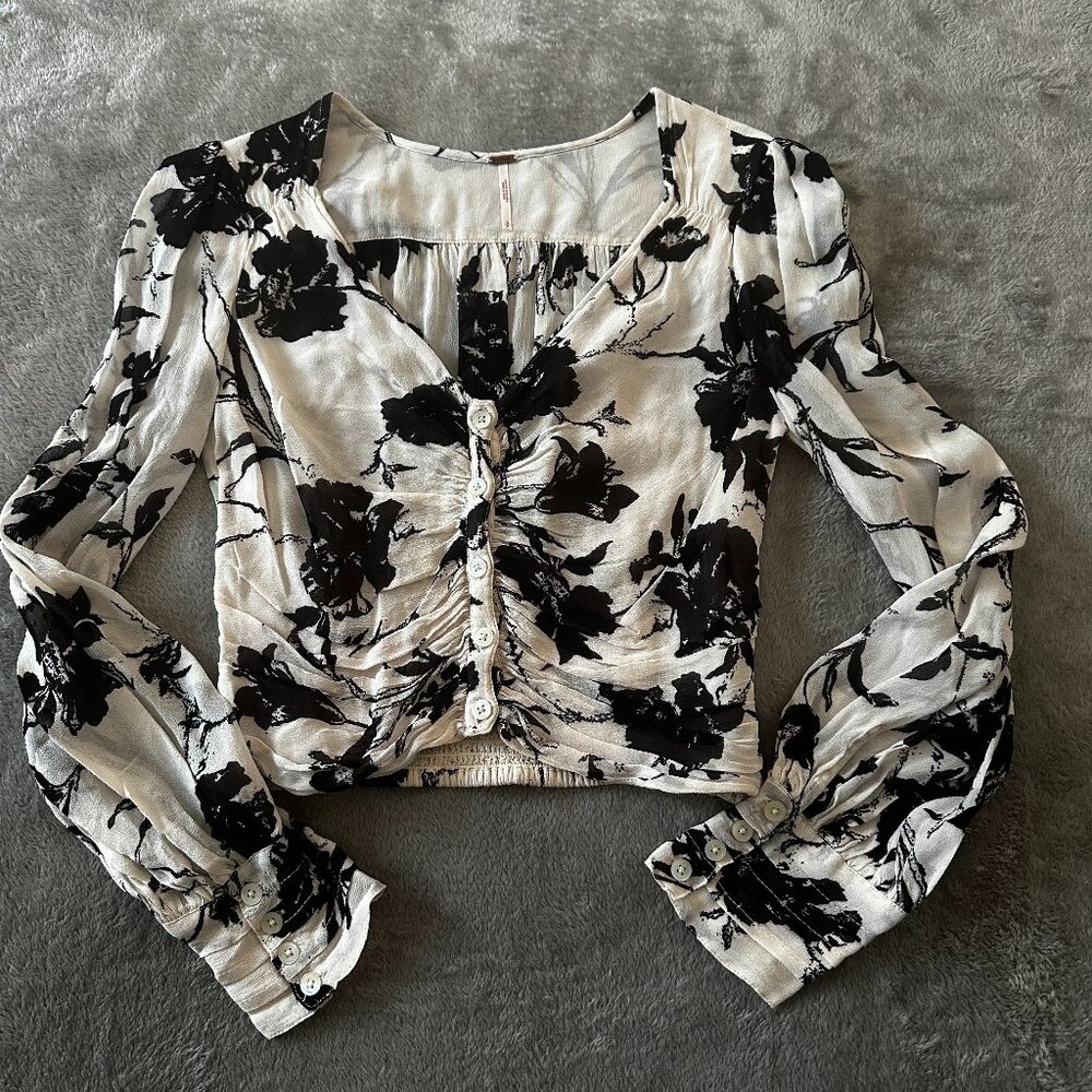 Free People If You Had My Love Printed Blouse SMALL Long Sleeve Smocked